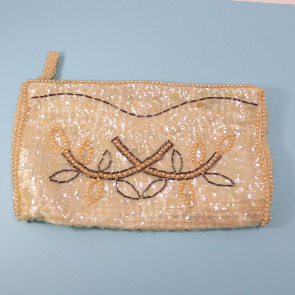 Vtg Le Regale Beaded Clutch Handbag Small Cream Silver Zip Purse Bag Pouch Lined